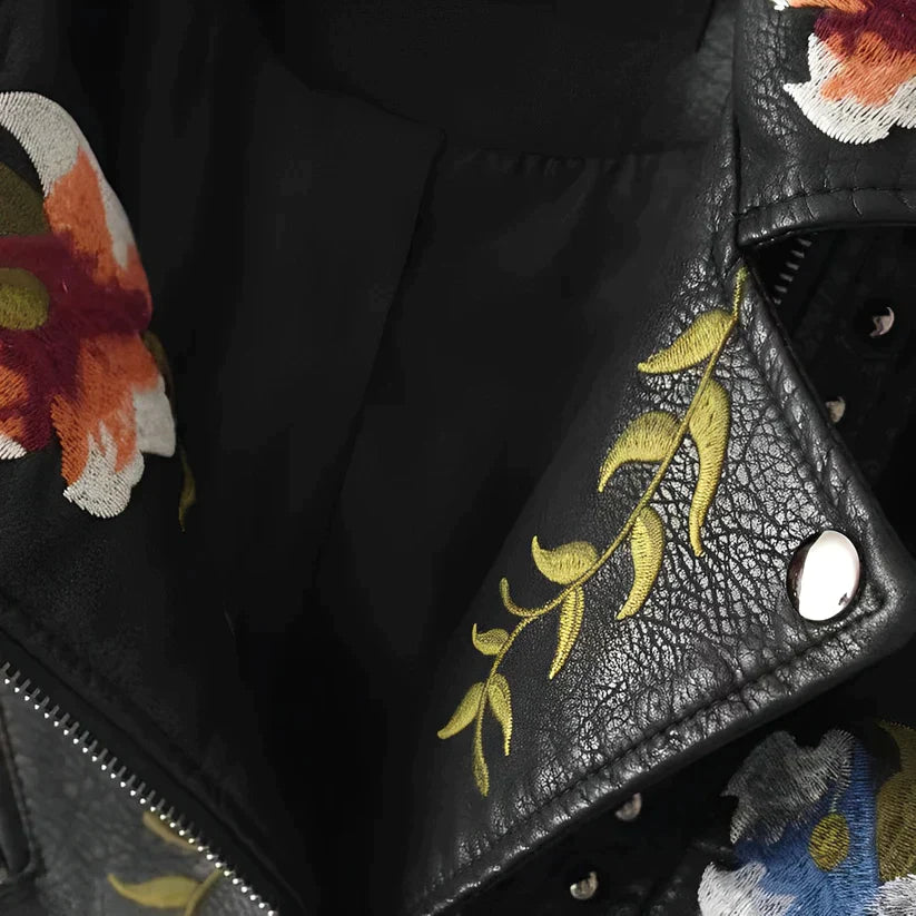 Schwarze Vegane Lederjacke mit Blumenstickerei für Damen