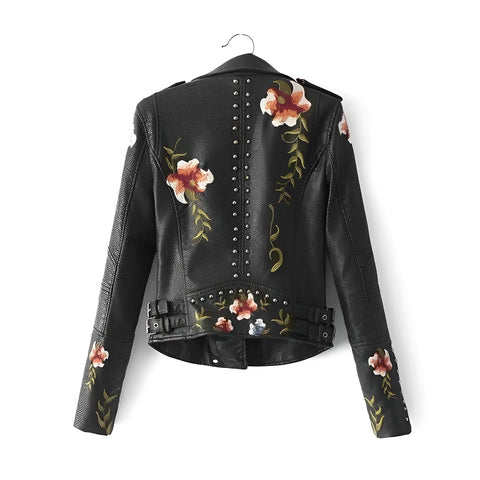 Schwarze Vegane Lederjacke mit Blumenstickerei für Damen