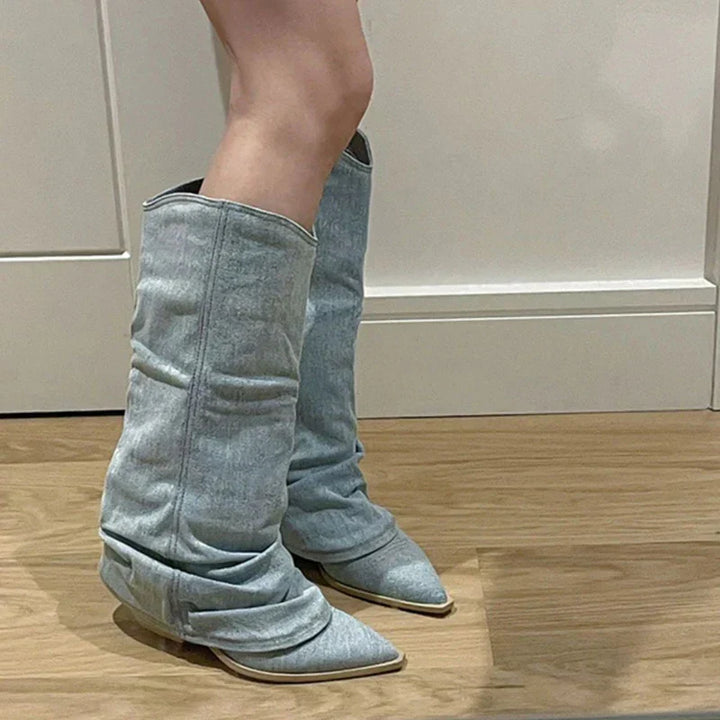 Damen - kniehohe Stiefel - Denim-Material - Modische und trendige Stiefel für jeden Anlass