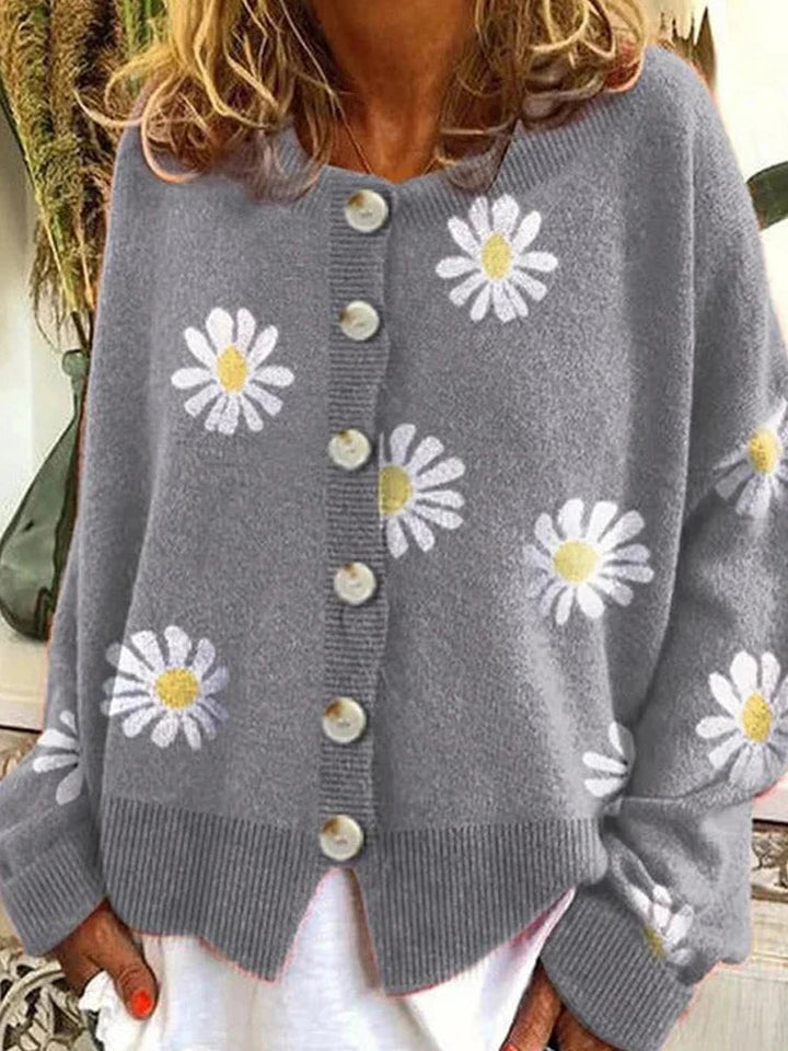 Warmer Pullover mit Blumenmuster und Knopfleiste für Damen